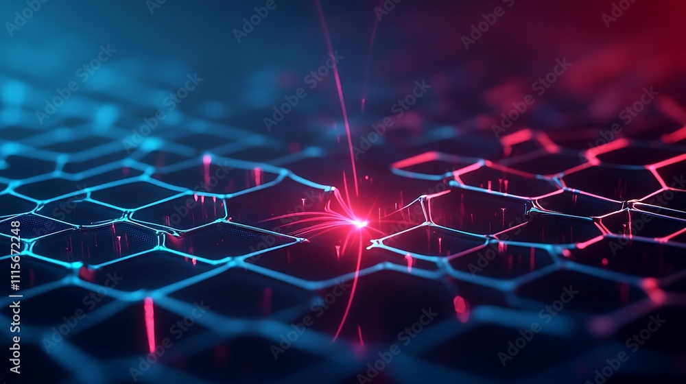 Poster futuristic abstract digital background featuring neon light effect on hexagonal grid structure