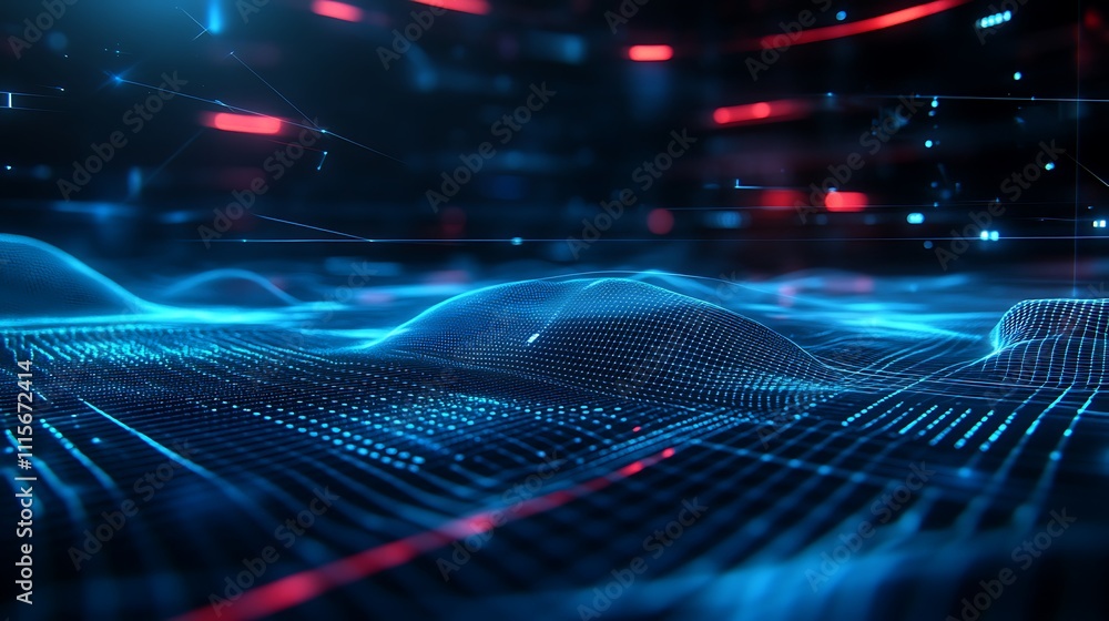Poster futuristic abstract digital landscape with flowing lines and glowing particles in dark background