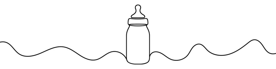 One continuous line illustration of a baby bottle, isolated on white background. Line art of baby bottle.