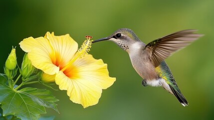 Fototapeta premium Hummingbird feeding on a yellow hibiscus flower.