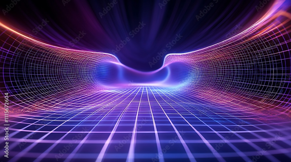 Poster futuristic abstract digital landscape with glowing neon lines and grid pattern in vibrant colors