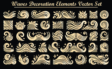 Waves Decoration Elements Vector Set, Nautical Ornamental Design, Ideal for Branding, Packaging, Invitations, Logos, Web Design, Scrapbooking, DIY Projects, Ocean-Themed Artwork, Seamless Patterns