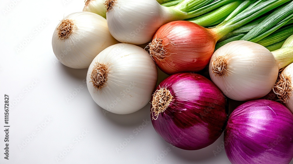 Poster onions arranged in rows on a white background with green onions centering the formation and red onio