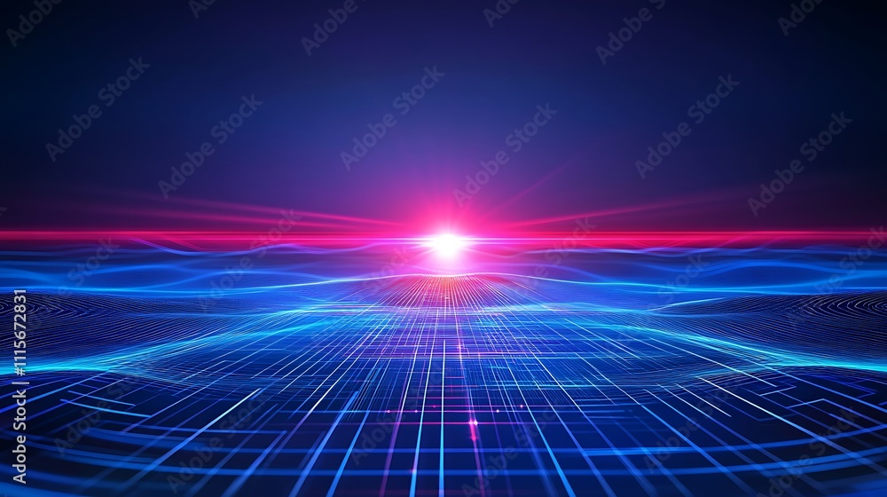 Poster Futuristic Abstract Digital Landscape with Vibrant Light Rays and Wavy Grid Patterns in a High Tech Environment