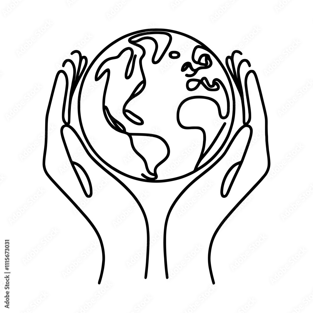 Wall mural linear earth in hands isolated on white background. black hand drawn globe in hands. save of planet.