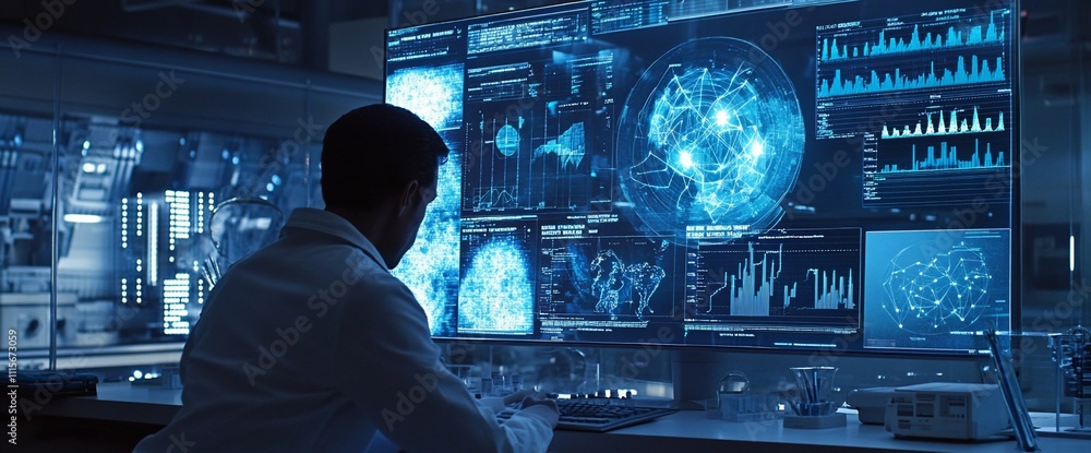 Poster scientist analyzing data on a futuristic digital interface.