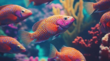 Fototapeta premium Vibrant orange and pink fish school swimming in a coral reef aquarium.