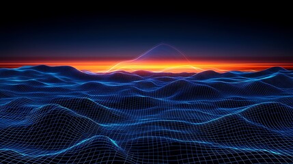 Obraz premium Futuristic Abstract Landscape with Blue Grid Lines and Distant Sunset Over undulating Waves in Digital Space