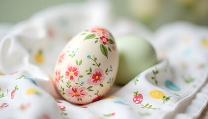 Fototapeta premium Decoratively painted Easter eggs resting on a floral-patterned cloth