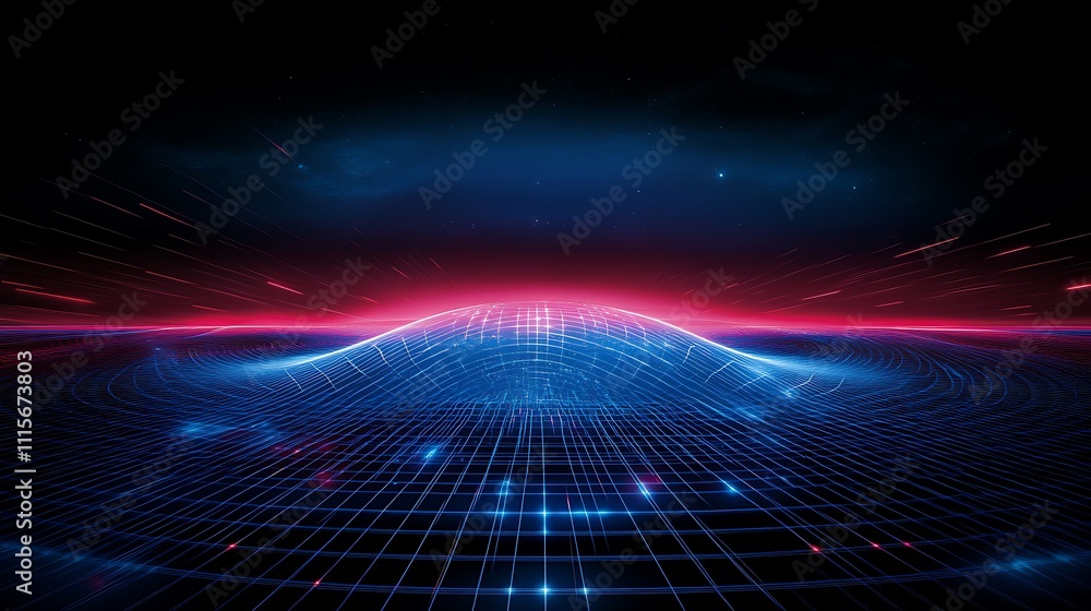 Poster futuristic abstract landscape with neon lights and grid pattern creating a digital universe atmosphe