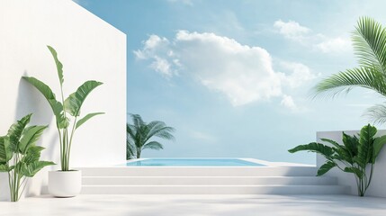 Obraz premium Sleek white architectural building with abstract design, set against a stunning city skyline and ocean view. The minimalist background, clean ground, and expansive sky provide the perfect commercial b