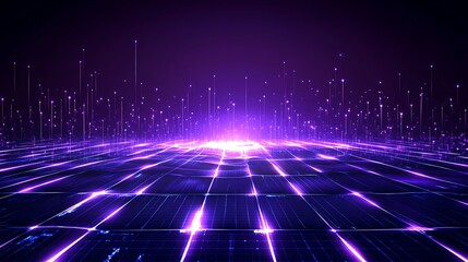 Obraz premium Futuristic Abstract Landscape with Vivid Purple Neon Lights and Glowing Points in a Digital Space