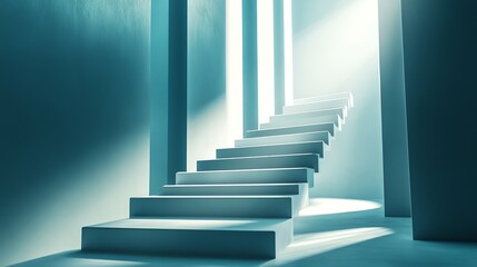 Obraz premium White stairs leading to a bright light at the end in a minimalist, blue room.
