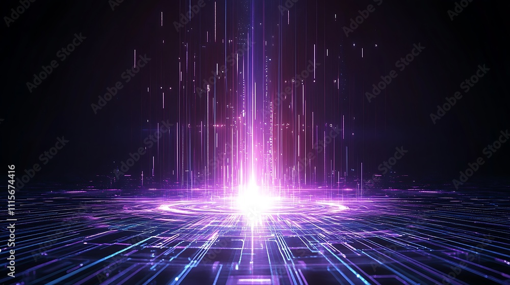 Poster futuristic abstract light beam surrounded by digital data streams in dark background