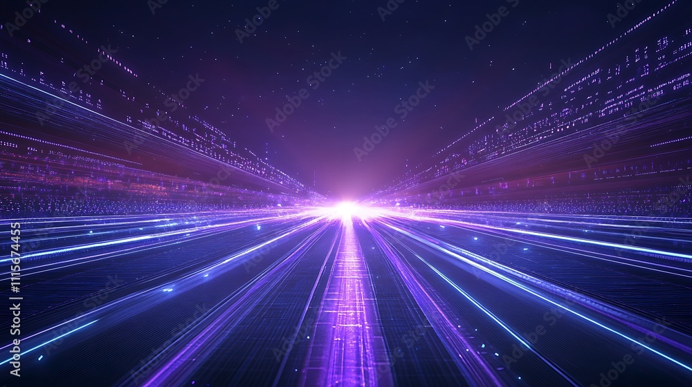 Poster futuristic abstract light trails in space with vibrant colors and rays creating a digital pathway ef
