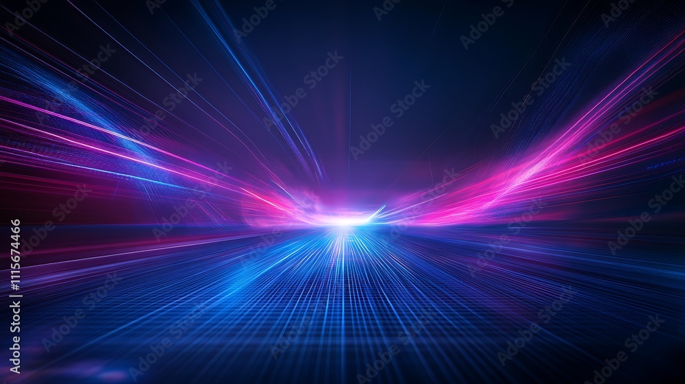 Poster futuristic abstract light trails with vibrant colors creating dynamic motion in a digital landscape