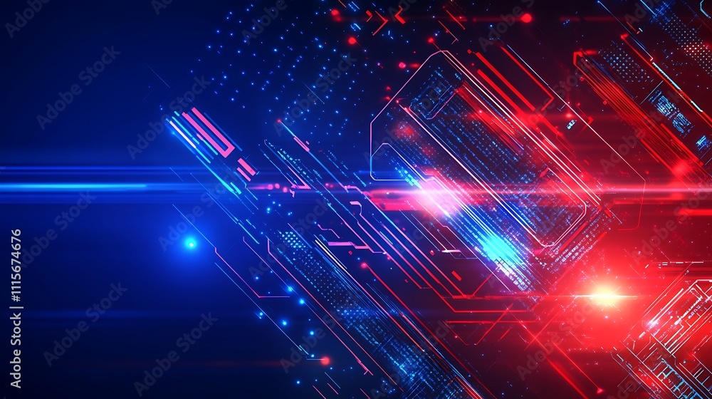 Poster futuristic abstract technology background with blue and red light trails and geometric patterns