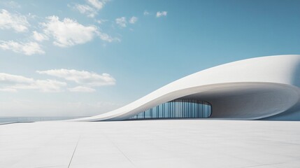 Sleek white architectural building with abstract design, set against a stunning city skyline and ocean view. The minimalist background, clean ground, and expansive sky provide the perfect commercial b