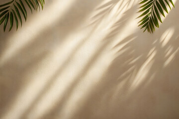 Obraz premium Beautiful texture of beige brown luxury, smooth stucco wall with soft foliage dappled light of tropical tree leaf shadow