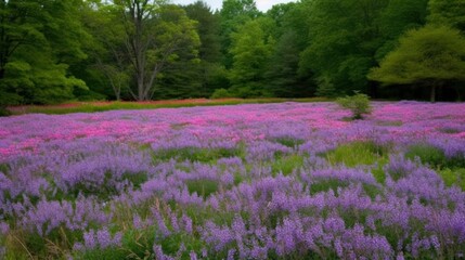 A vibrant field of purple and pink flowers surrounded by lush greenery.