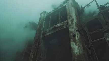 Mysterious Sunken Shipwreck in Fog Underwater Ruins Decaying Structure