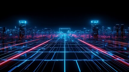 Fototapeta premium Futuristic Cityscape with Neon Lights in a Digital Landscape, Modern Urban Environment Concept