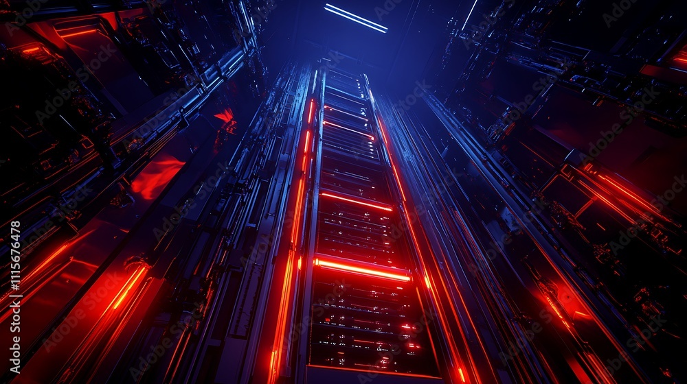 Poster futuristic data center with abstract neon lights and high-tech server racks in a dark environment