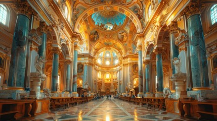 Fototapeta premium Ornate church interior with high ceilings, columns, and marble floors.