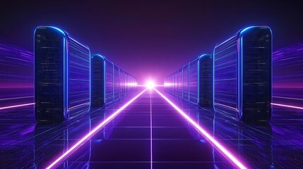 Naklejka premium Futuristic Data Center with Glowing Servers in Neon Colors and Cyberpunk Aesthetic