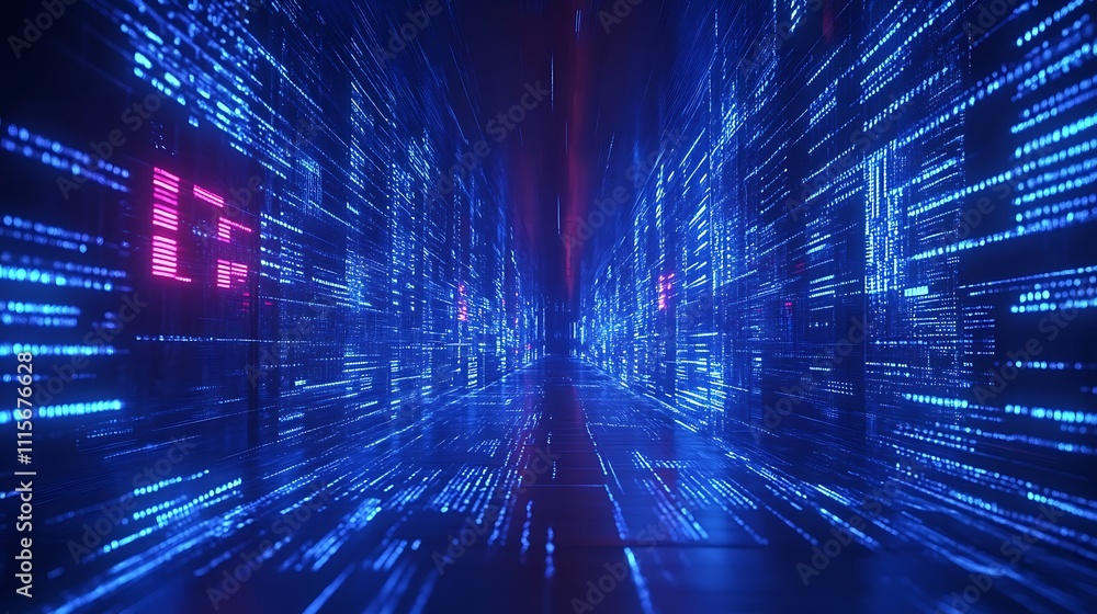Poster futuristic data center with neon lights and digital patterns creating a high-tech ambiance