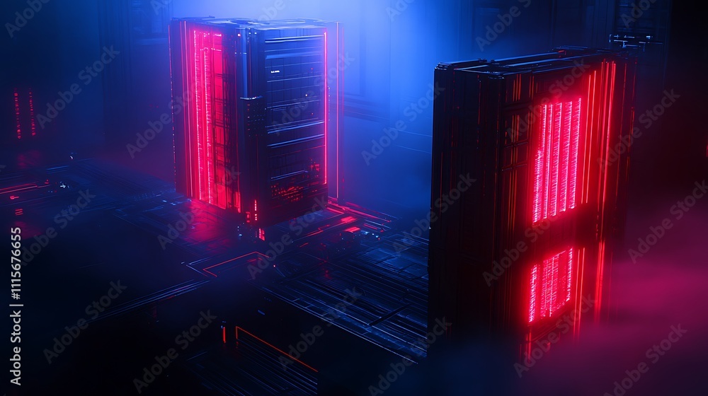 Poster futuristic data center with neon lights and fog in high-tech environment