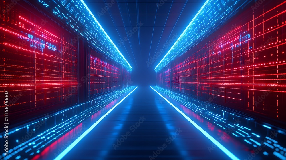 Poster futuristic data corridor with neon lights and digital patterns in an abstract tech environment
