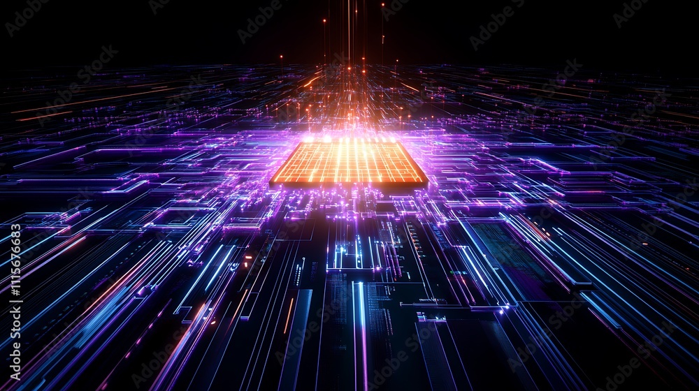 Poster futuristic data processing concept with vibrant neon circuit board and microchip in abstract digital