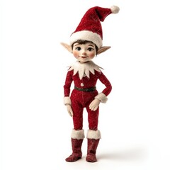 A small elf is standing in a red outfit with a red hat