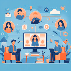 A conceptual image representing communications and the structure of business relationships, showcasing people connected through online networks, symbolizing modern digital interaction and collaboratio