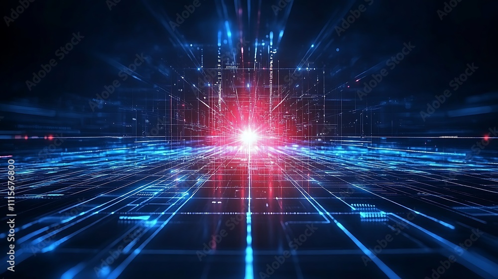 Poster futuristic data stream with bright red light and glowing grid lines representing technology and conn