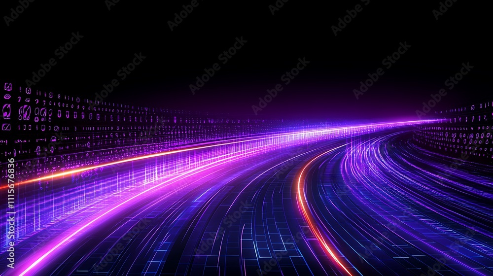Poster futuristic data stream with vibrant colors and light trails representing digital technologies and mo