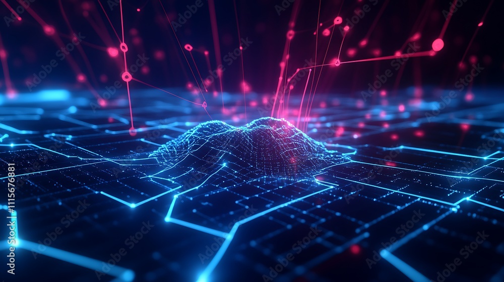 Poster futuristic data visualization of 3d terrain with blue and red digital lines in cyber environment