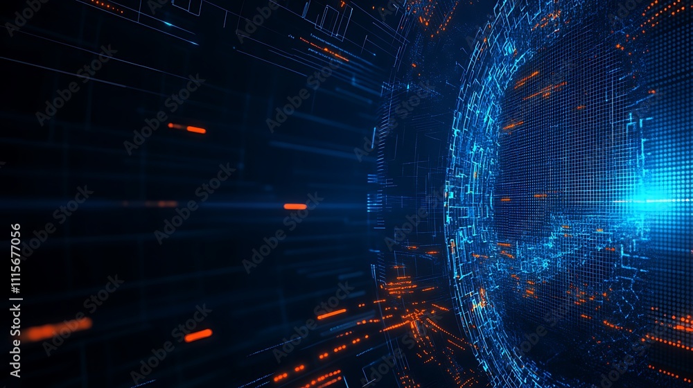 Poster futuristic digital abstract background featuring glowing blue particles and grid lines in a dark env