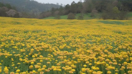Obraz premium A vibrant field of yellow dandelions under a cloudy sky.
