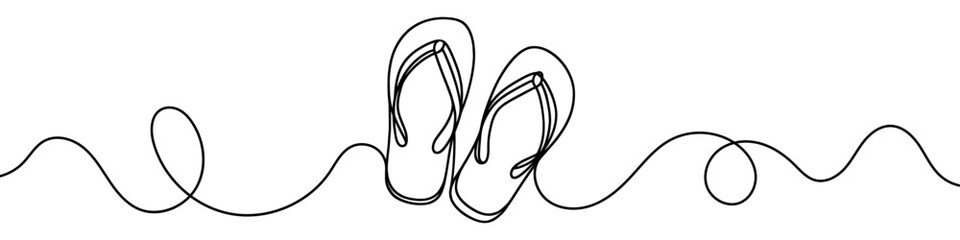 One continuous line illustration of flip flops, isolated on white background. Line art of flip flops