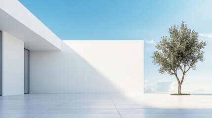 Sleek white architectural building with abstract design, set against a stunning city skyline and ocean view. The minimalist background, clean ground, and expansive sky provide the perfect commercial b