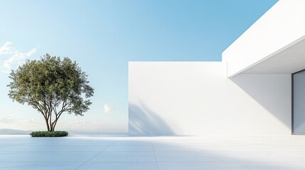 Obraz premium Sleek white architectural building with abstract design, set against a stunning city skyline and ocean view. The minimalist background, clean ground, and expansive sky provide the perfect commercial b