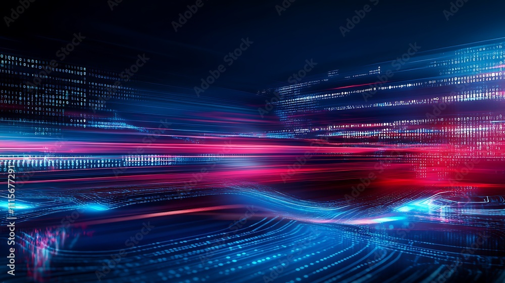 Poster futuristic digital background with colorful light trails and abstract data patterns in blue and red 