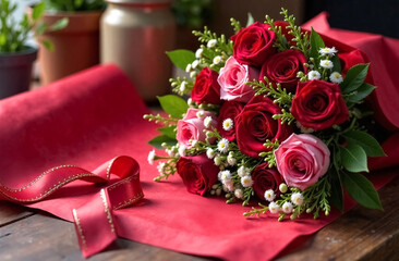 Obraz premium Elegant Bouquet of Pink and Red Roses with Ribbon