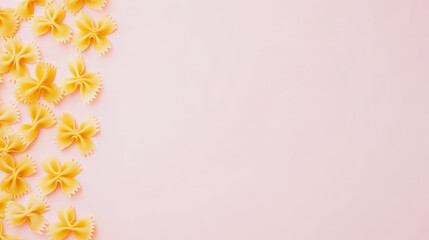 Obraz premium Farfalle pasta, top view, light pink pastel background, copy space. Food concept. Generative AI