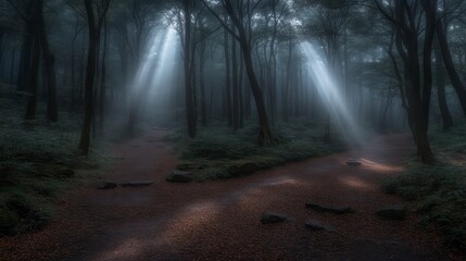 Obraz premium Mystical Forest Path Sunbeams Fog Trees Nature Crossroads