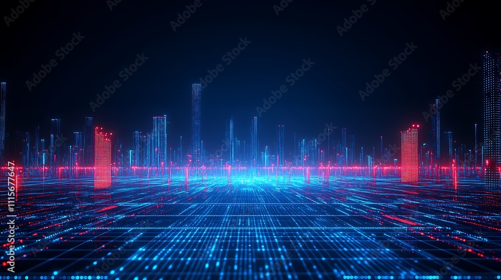 Poster futuristic digital cityscape with neon lights and grid patterns in a deep blue and red color scheme