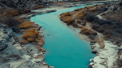 Serene River Winding Through Arid Landscape Nature Photography