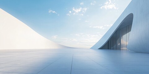 Elegant white architectural building with abstract design, positioned against a stunning city skyline and ocean view. The minimalist background, clean ground, and expansive sky create a perfect settin